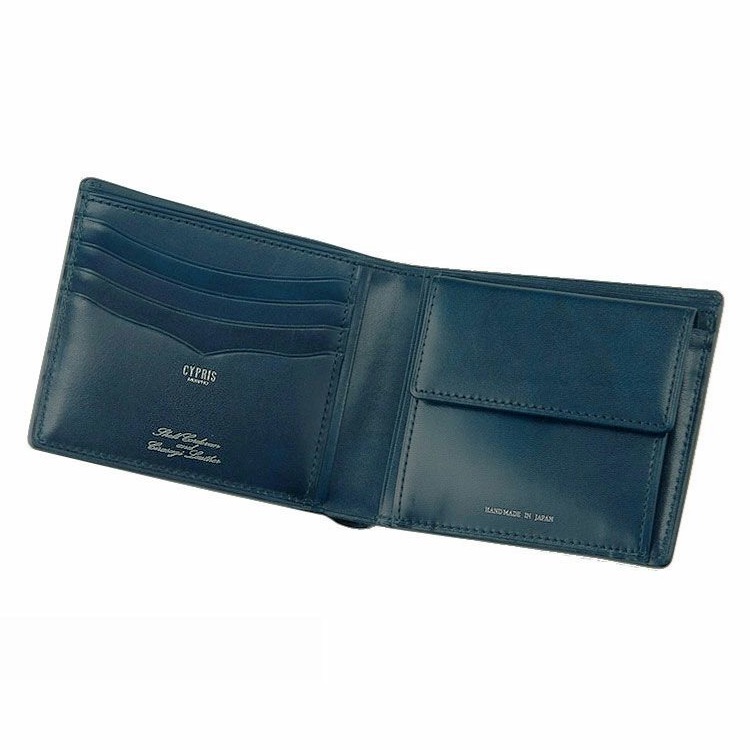 キプリスコードバン＆シラサギバイカラー二つ折り財布ブラック×ネイビー内装
